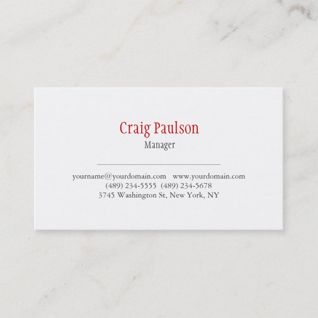 Unique Minimal Classical White Red Business Card (Front)