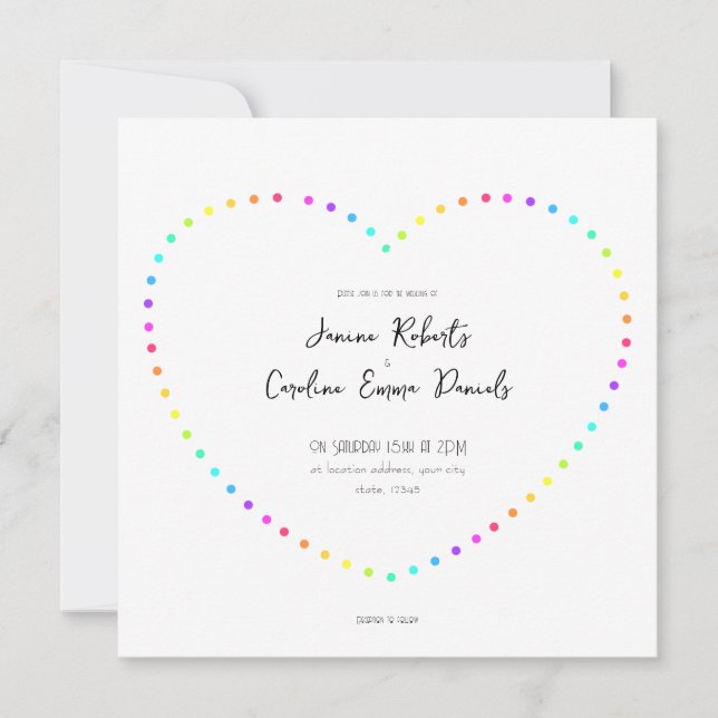Unique Minimal Rainbow Dots Heart LGBT Wedding Invitation (Front)