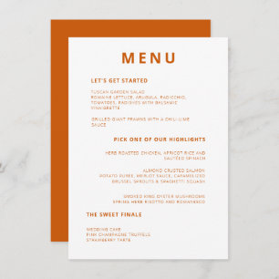 Unique Minimal Typography Burnt Orange Wedding Menu