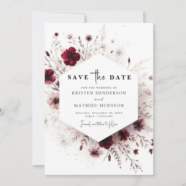 Unique Minimalist Burgundy Wedding Save The Date (Front)