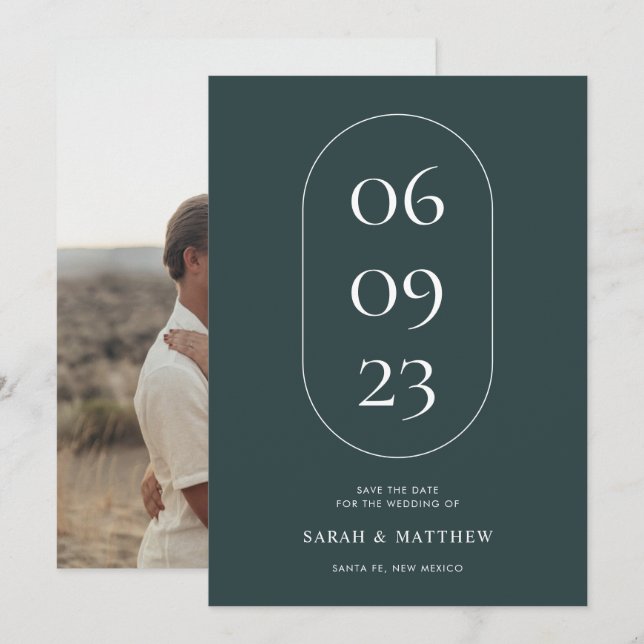 Unique Minimalist Dark Teal Green Photo Wedding Save The Date (Front/Back)