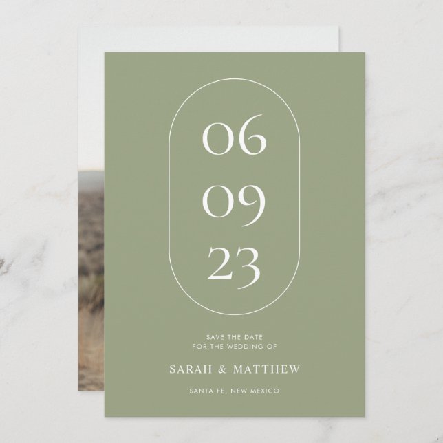 Unique Minimalist Light Sage Green Photo Wedding Save The Date (Front/Back)