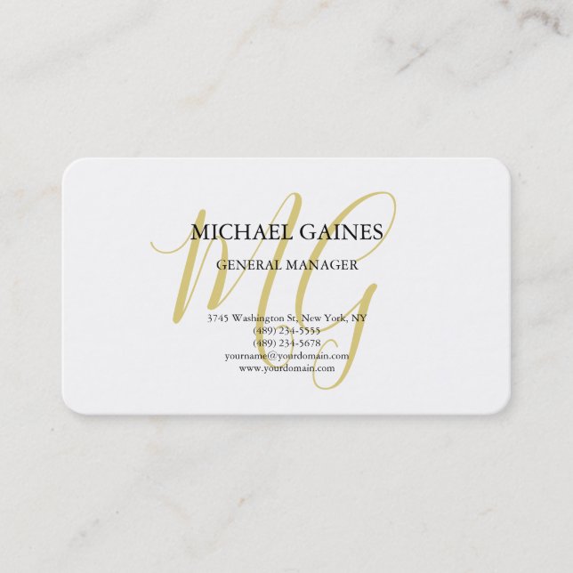 Unique Minimalist Plain Gold Colour Monogram White Business Card (Front)