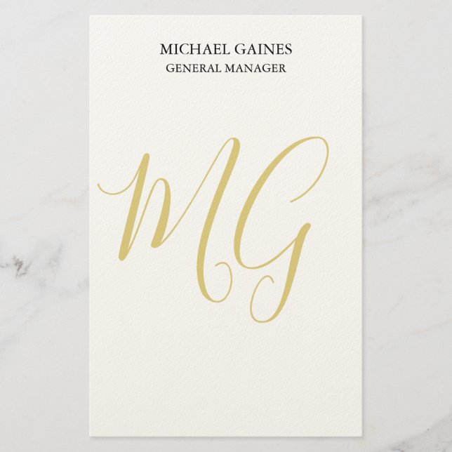 Unique Minimalist Plain Gold Colour Monogram White Stationery (Front)