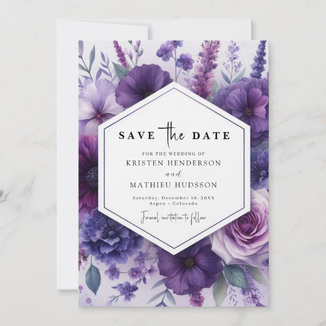  Unique Minimalist Purple Floral Wedding Save The Date (Front)
