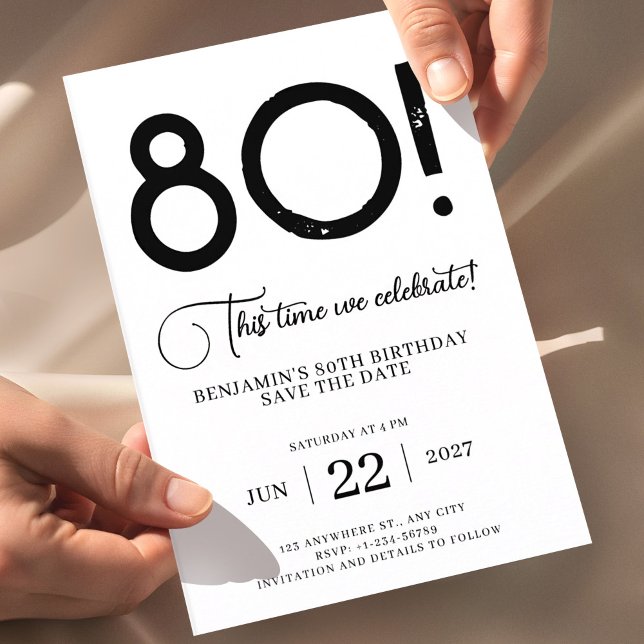 Unique Minimalist Save The Date 80th Birthday  Invitation (80th birthday save the date invitation black white, minimalist 80 birthday invite, modern typography)
