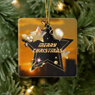 Unique Modern Black Gold Metallic Stars Christmas  Ceramic Ornament