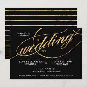 Unique Modern Black & Gold Script Wedding Invitation