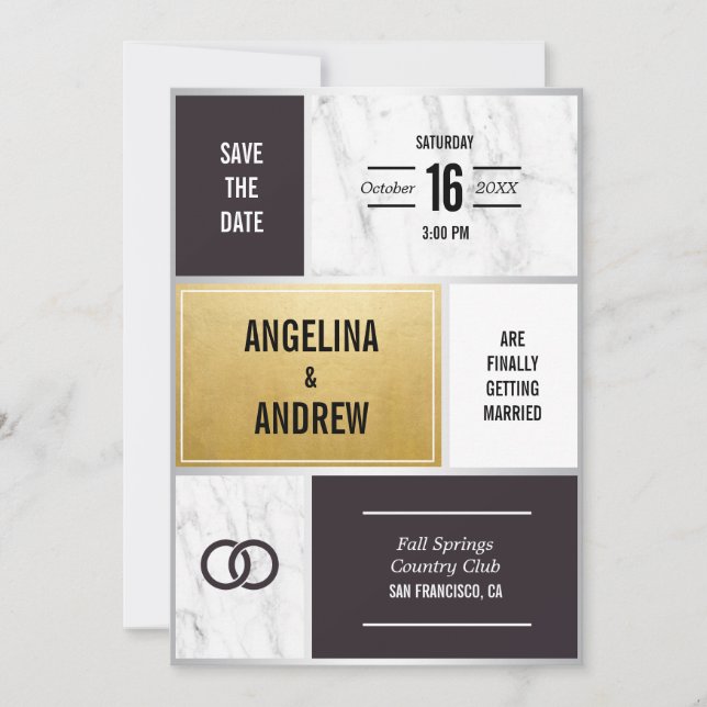 Unique Modern Black White Marble Gold Wedding Save The Date (Front)