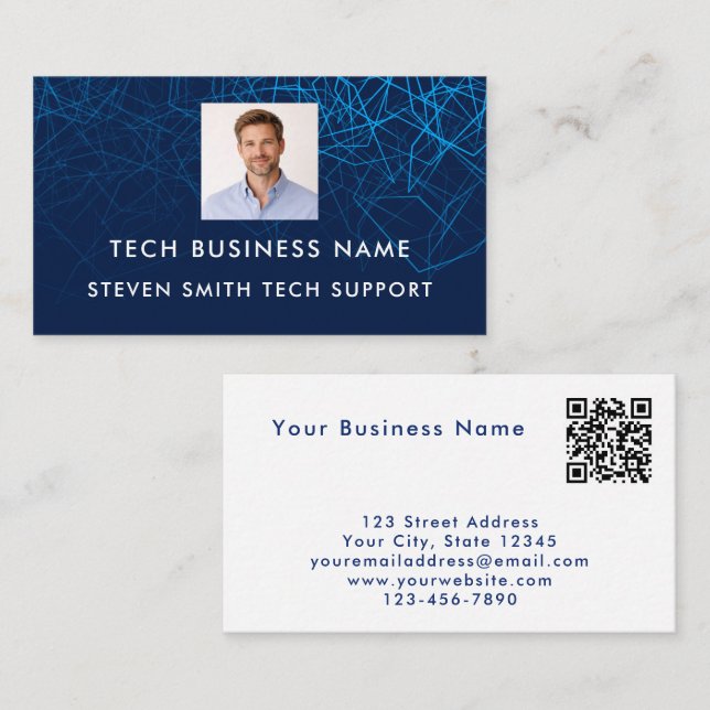Unique Modern Blue Photo QR Code Tech Professional Calling Card (Front/Back)
