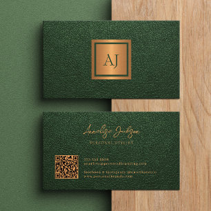Unique modern bold monogram QR code gold green Business Card
