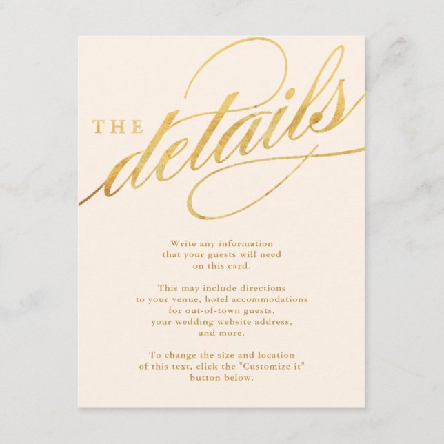 Unique Modern Champagne & Gold Script Insert Cards (Front)