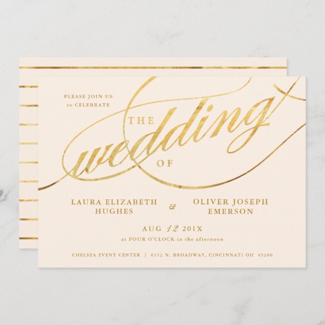 Unique Modern Champagne & Gold Script Wedding Invitation (Front/Back)
