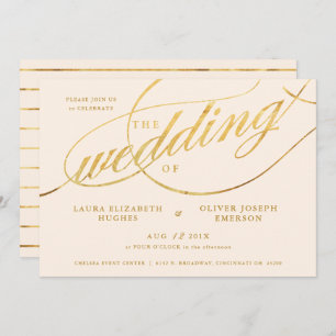 Unique Modern Champagne & Gold Script Wedding Invitation