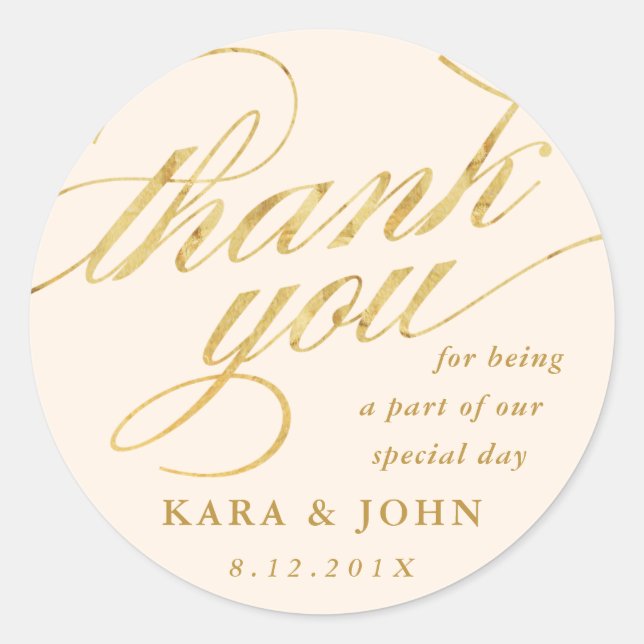 Unique Modern Champagne & Gold Thank You Favour Classic Round Sticker (Front)