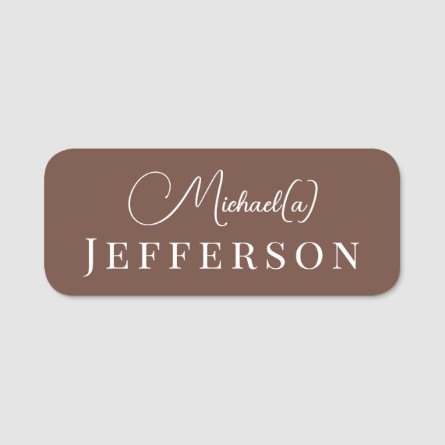 Unique Modern Chocolate Brown: Elegant Handwritten Name Tag (Front)