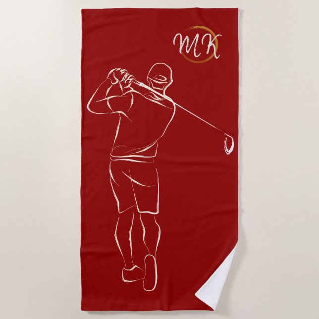 Unique Modern Cool Mens Design Red Custom Monogram Beach Towel (Front)