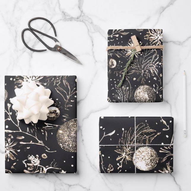 Unique Modern Elegant Christmas Black Holiday Wrapping Paper Sheet (Front)