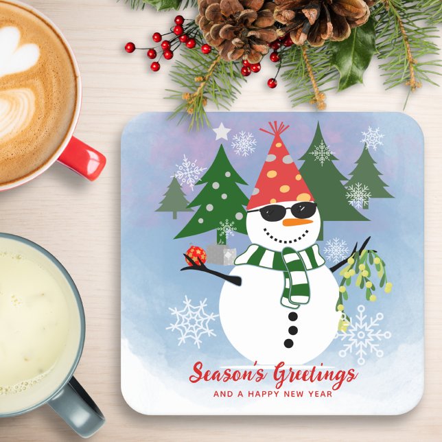 Unique Modern Funny Snowman Snowflakes Christmas Square Paper Coaster (Creator Uploaded)