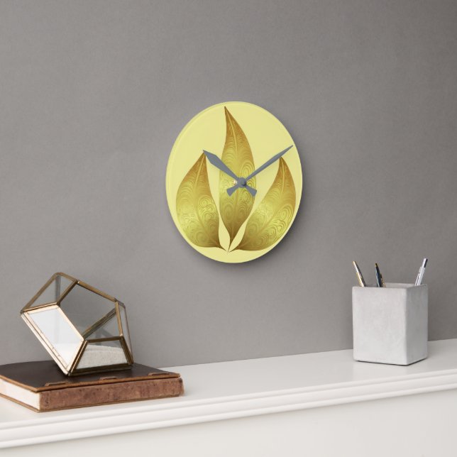Unique modern gold leaves hand drawing  round clock (Office)