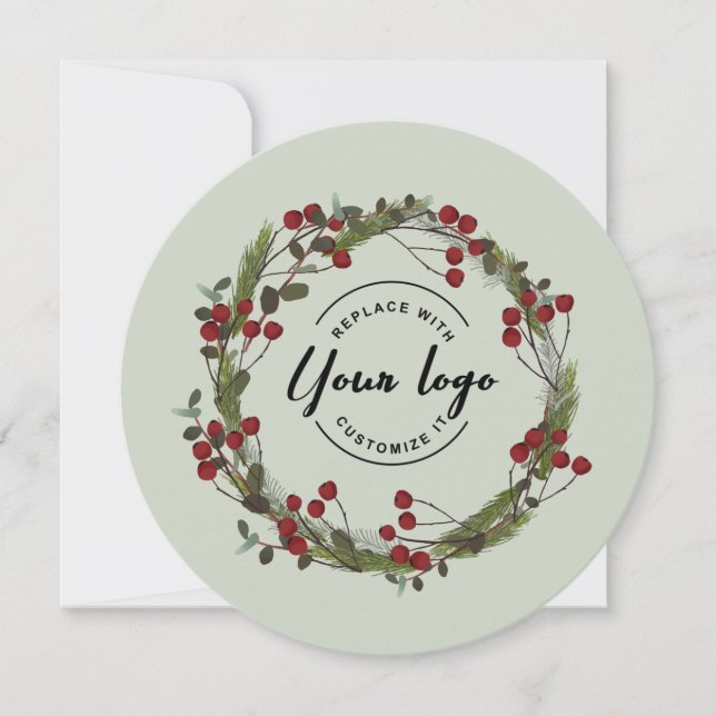 Unique Modern Holly Pine wreath Custom Logo Holiday Card (Front)