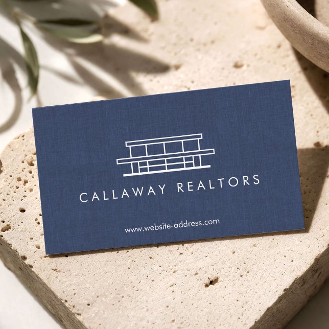 Unique Modern Home Logo II Navy Linen Real Estate Business Card (Creator Uploaded)