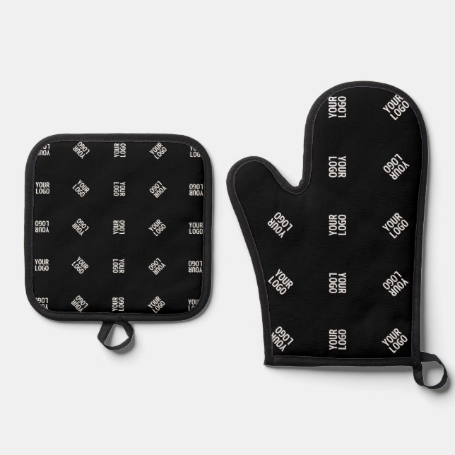 Unique Modern Logo Pattern Template | Black Oven Mitt & Pot Holder Set (Front)
