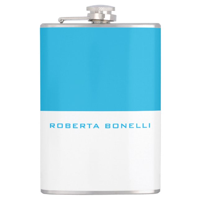 Unique Modern Minimalist Blue White Add Name Hip Flask (Front)