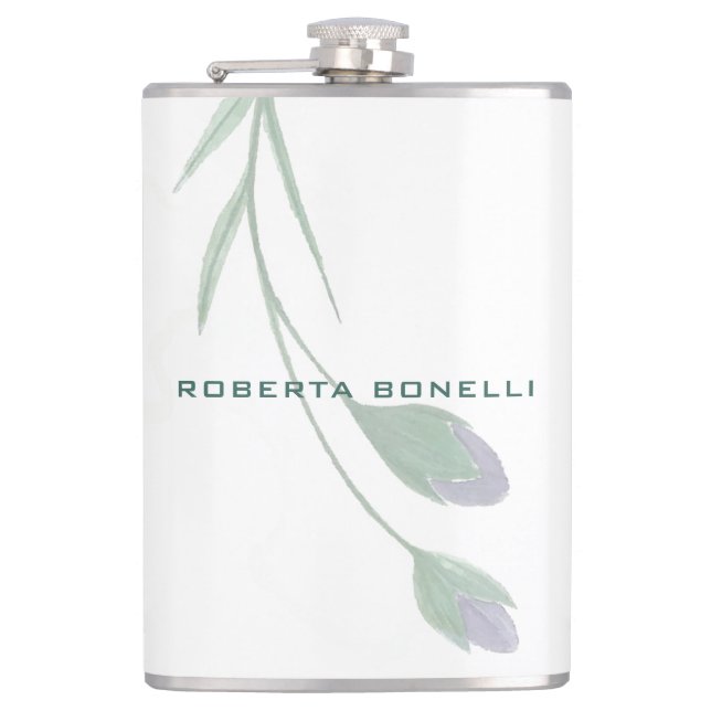 Unique Modern Minimalist Floral Add Name Hip Flask (Front)