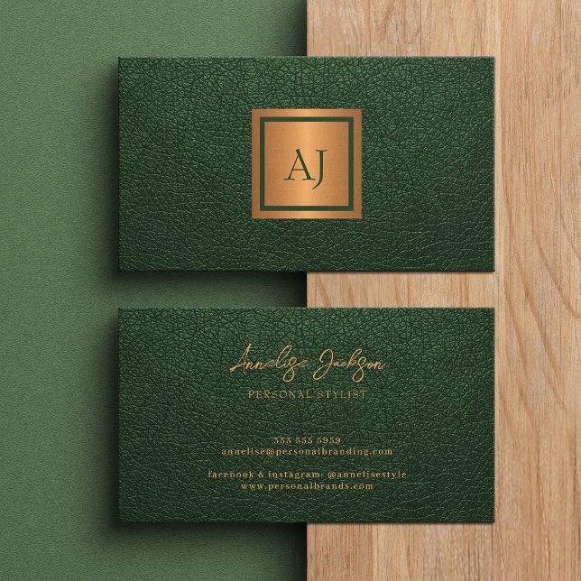 Unique modern monogram professional gold green business card (Creator Uploaded)