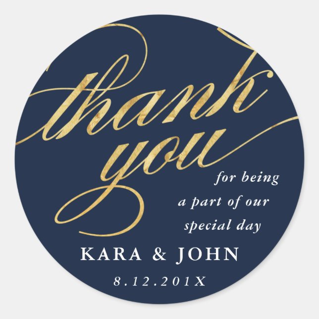 Unique Modern Navy & Gold Script Thank You Favour Classic Round Sticker (Front)