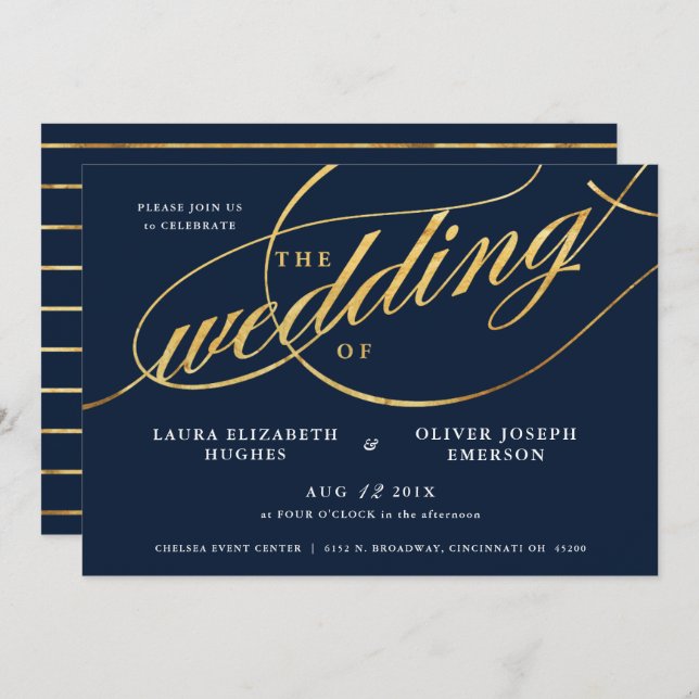 Unique Modern Navy & Gold Script Wedding Invitation (Front/Back)