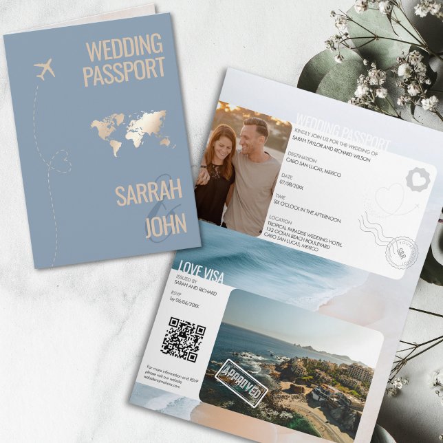Unique Modern Passport Destination Wedding QR Code Invitation (modern wedding passport in dusty blue color with golden world map)
