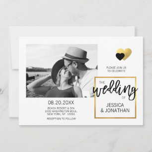 Unique Modern PHOTO Gold Foil White Wedding Invitation