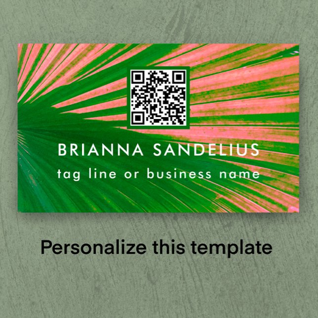 Unique Modern Pink & Green Palm QR Code Custom Business Card (Add your name, business contact information and QR code to my original colorful botanical design.)