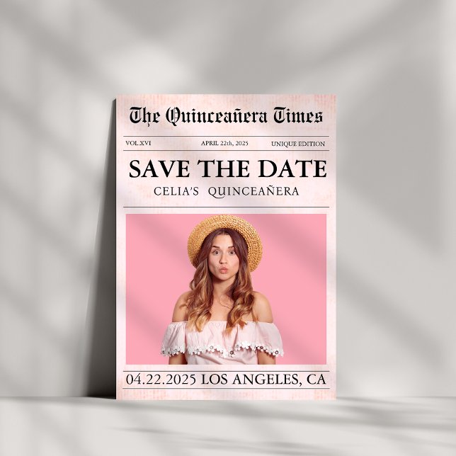Unique modern pink Quinceañera newspaper photo Save The Date (Creator Uploaded)