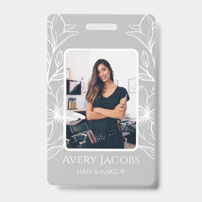 Unique Modern Sage Green Boho Floral  ID Badge (Front)