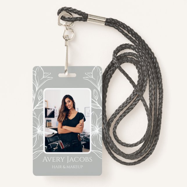 Unique Modern Sage Green Boho Floral  ID Badge (Front with Lanyard)