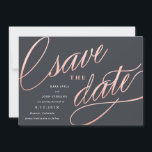 Unique Modern Save the Dates | Rose Gold Save The Date<br><div class="desc">These unique,  modern save the dates feature fancy script in a faux rose gold foil effect on a grey background,  with the wedding announcement details in white. The backer features a trendy rose gold stripe pattern.</div>