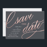 Unique Modern Save the Dates | Rose Gold Save The Date<br><div class="desc">These unique,  modern save the dates feature fancy script in a faux rose gold foil effect on a grey background,  with the wedding announcement details in white. The backer features a trendy rose gold stripe pattern.</div>