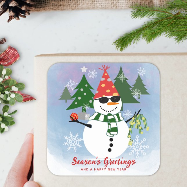 Unique Modern Stylish Snowman Snowflakes Christmas Square Sticker (Creator Uploaded)