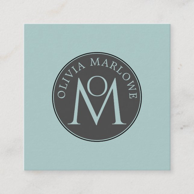 Unique Monogram Blue Square Business Card (Front)