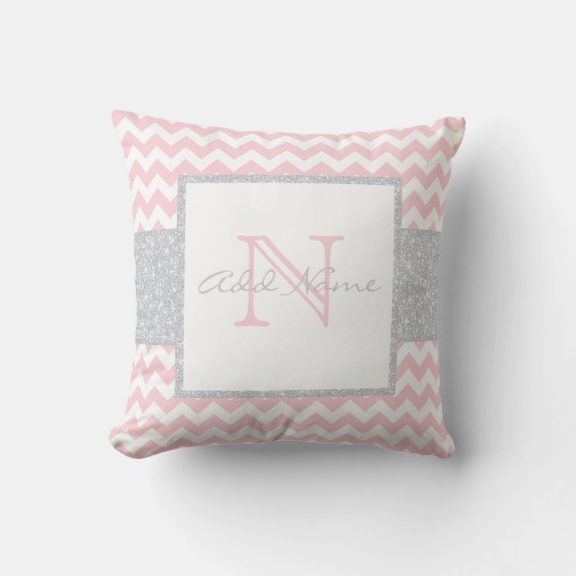Unique Monogram Grey Pink Chevron Baby Girl Pillow (Front)