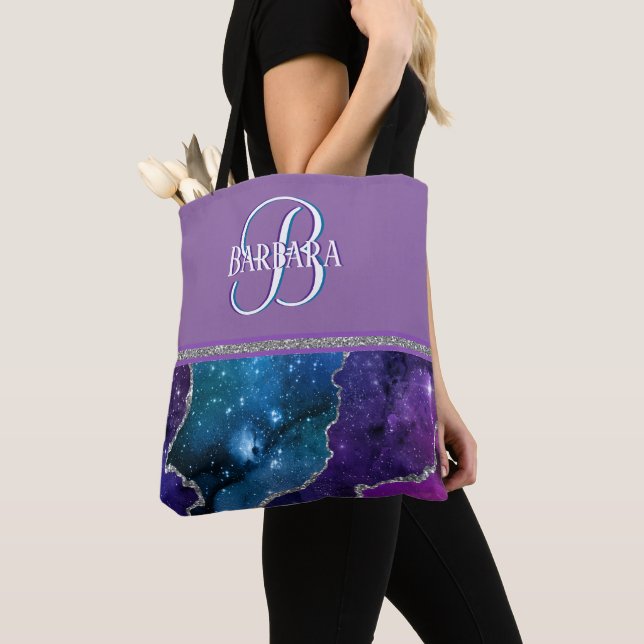 Unique Monogram I Purple Teal Agate Silver Tote Bag (Close Up)