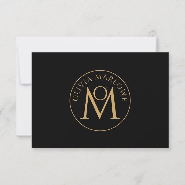 Unique Monogram Logo Gold Black Name Notecard (Front)
