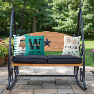 Unique Monogrammed Copper and Turquoise Patriotic  Cushion