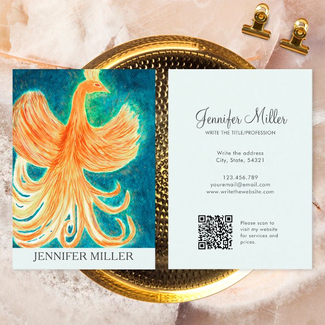 Unique Mythical Phoenix Bird Rising Watercolor Business Card (Front and Back)