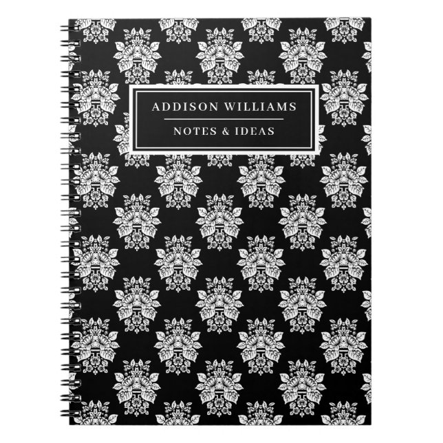 Unique Name Black White Floral Damask Custom Notebook (Front)