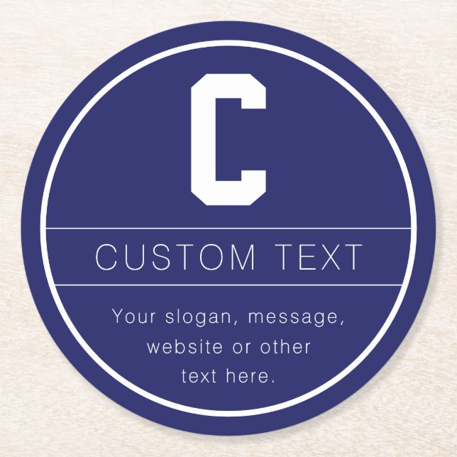 Unique Name & Monogram Template | Navy Blue Round Paper Coaster (Front)