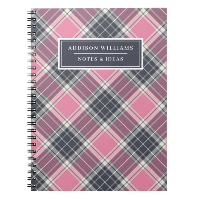 Unique Name Pink Grey Plaid Pattern Notebook (Front)